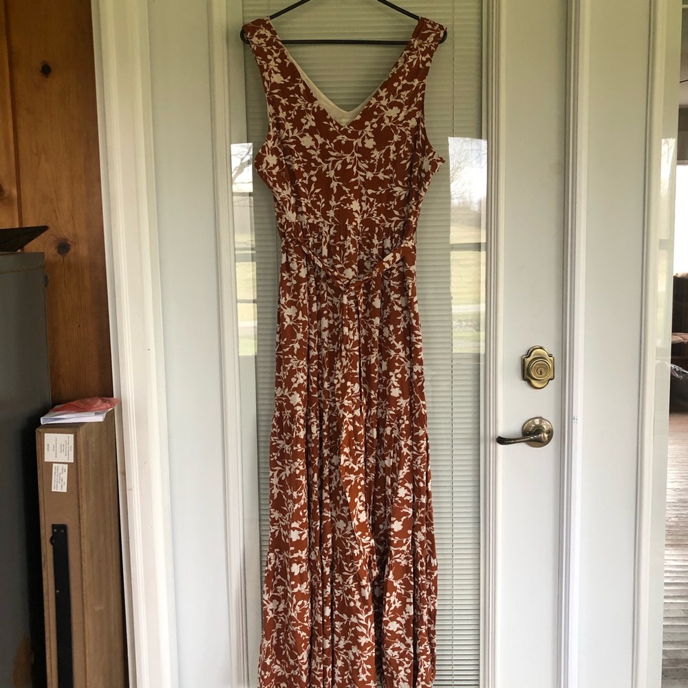 Long, brown and white floral print dress
